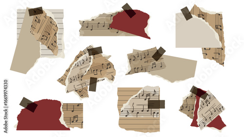 Vintage musical notes and torn paper collage elements. Set of vintage torn sheet music paper scraps with musical notes, taped fragments, retro aesthetic. Trendy collage elements. Vector illustration