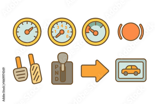 Colorful Dashboard Icons. Flat vector mini-illustrations acceleration in vehicles dashboard in colors children's illustrations: