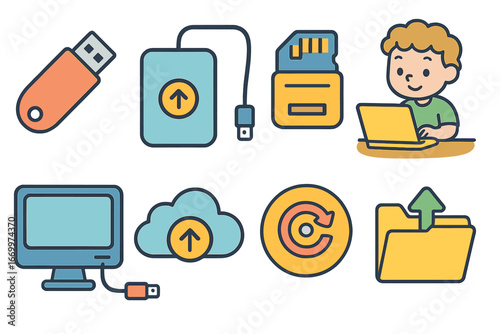 Colorful Data Storage Icons. Flat vector mini-illustrations USB storage devices in colors children's illustrations: USB flash