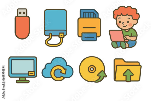 Colorful Data Storage Icons. Flat vector mini-illustrations USB storage devices in colors children's illustrations: USB flash