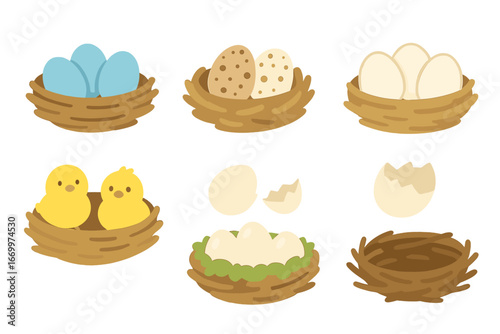 Colorful Egg Nests. Flat vector mini-illustrations nests and eggs in colors children's illustrations: blue eggs, speckled eggs,