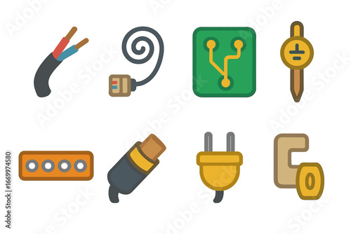 Colorful Electrical Icons. Flat vector mini-illustrations electrical conductors in colors children's illustrations: power cable,