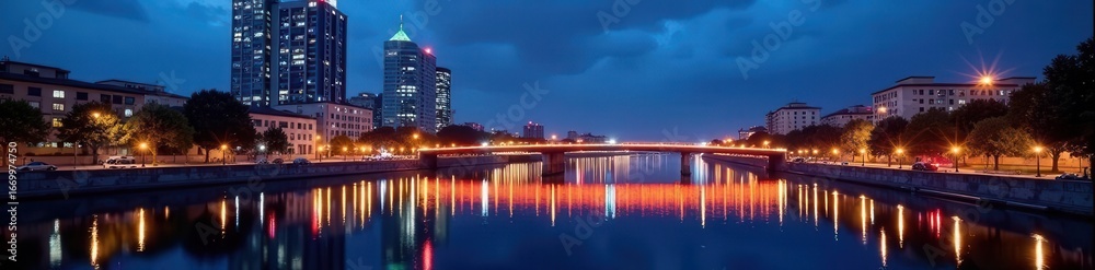 Fototapeta premium Modern architecture, city lights reflecting on river, modern, photo, architecture