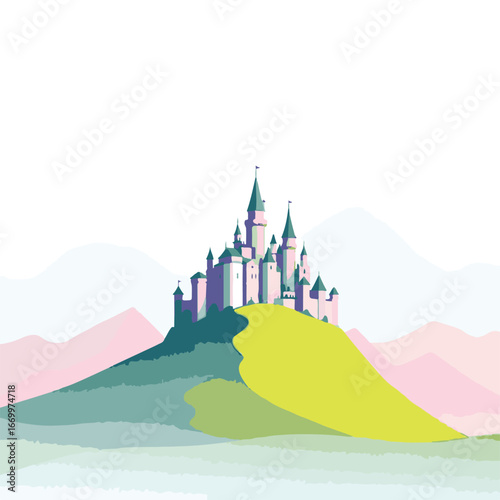 Castle illustration on green mountain top