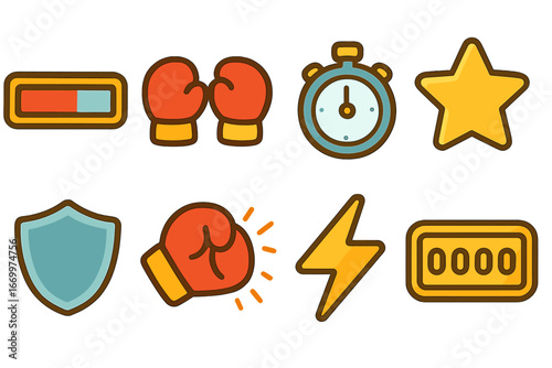 Colorful Fight Game Icons. Flat vector mini-illustrations fight game icons in colors children's illustrations: health bar, boxing