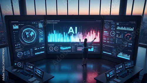 A woman stands before a large screen displaying AI data visualizations and graphs in a futuristic control room overlooking a city at night