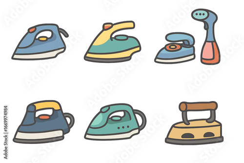 Colorful Iron Icons. Flat vector mini-illustrations steam iron brands in colors children's illustrations: generic iron model,