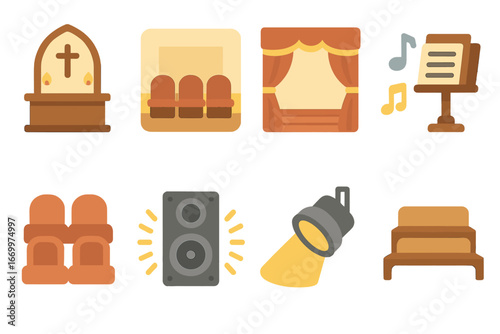 Colorful Kids Icons. Flat vector mini-illustrations sermon reactions in colors children's illustrations: applause, thoughtful face
