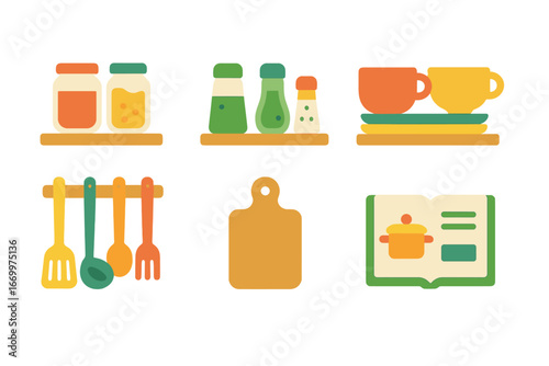 Colorful Kitchen Icons. Flat vector mini-illustrations kitchen shelves in colors children's illustrations: jars, spices, plates,