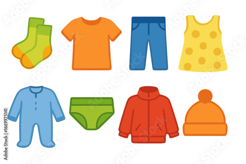 Colorful Laundry Icons. Flat vector mini-illustrations laundry day clothing in colors children's illustrations: socks, t-shirt,
