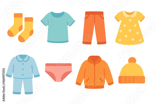 Colorful Laundry Icons. Flat vector mini-illustrations laundry day clothing in colors children's illustrations: socks, t-shirt,