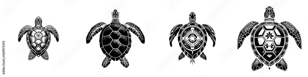 Fototapeta premium Tribal Sea Turtle Graphics Set, minimalist monochrome icons