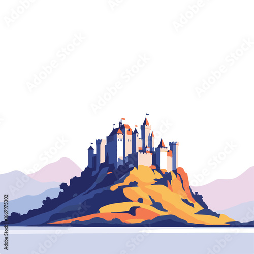 Castle illustration atop mountain peak design