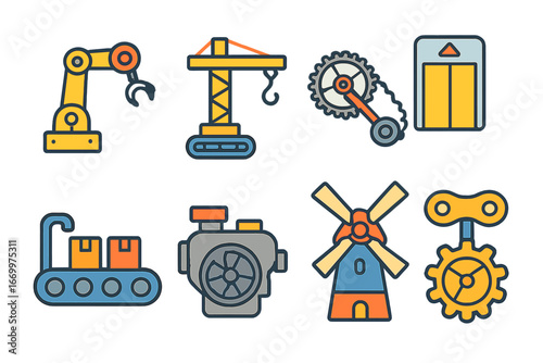 Colorful Mechanical Miniatures. Flat vector mini-illustrations mechanical machines in colors children's illustrations: robot arm,