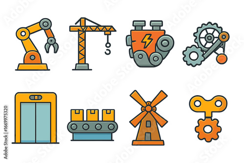 Colorful Mechanical Miniatures. Flat vector mini-illustrations mechanical machines in colors children's illustrations: robot arm,