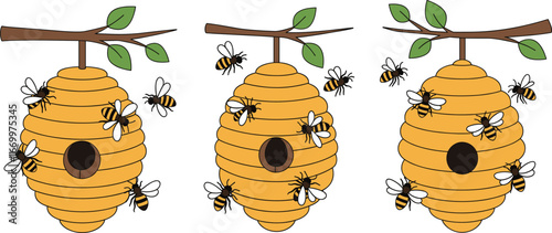 Beehive, bees, tree branch, honeycomb, flying insects, nature, pollination, apiary, wildlife, summer, buzzing, swarm, garden, honey, outdoor, environment, nectar, ecosystem, beekeeping, illustration