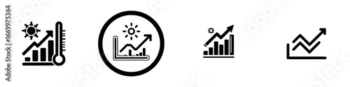 Upward trend charts with thermometer and sun icons for economic growth and rising temperatures, minimalist monochrome icons