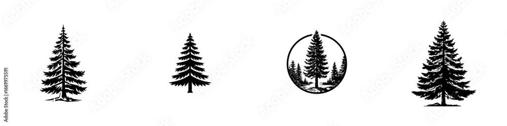Obraz premium Stylized Pine Trees and Forest Landscape Silhouette Collection, minimalist monochrome icons