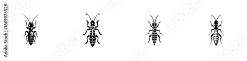 Stylized insect silhouettes with segmented bodies and antennae, minimalist monochrome icons