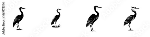 Four elegant black herons in silhouette, unique poses and subtle stylistic differences, minimalist monochrome icons