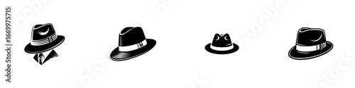 Vintage Fedora Hats Headwear Fashion Accessories, minimalist monochrome icons