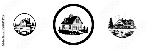 Rustic farmhouses and barn with livestock and trees in vintage woodcut style, minimalist monochrome icons