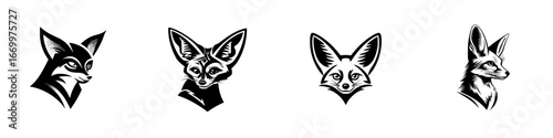 Fennec Fox Head Graphics Set, minimalist monochrome icons