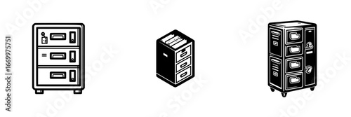 Filing Cabinets with Drawers and Folders, Furniture Icons, minimalist monochrome icons
