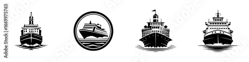 Stylized cruise ship and ferry silhouettes sailing on water, minimalist monochrome icons