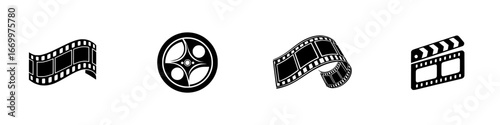 Cinema and movie production icons: film reel and clapperboard, minimalist monochrome icons