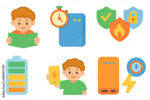 Colorful Power Bank Icons. Flat vector mini-illustrations power banks in colors children's illustrations: power bank device,