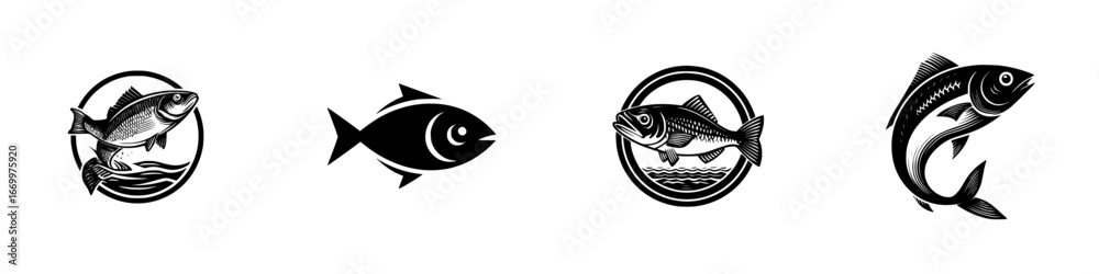 Fototapeta premium Stylized fish icons and emblems with aquatic elements, minimalist monochrome icons