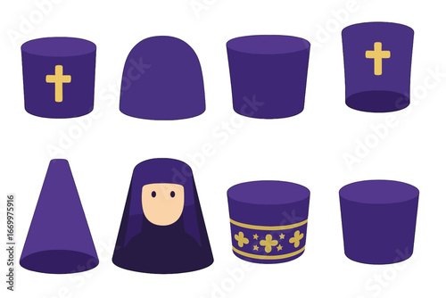 Colorful Religious Headwear. Flat vector mini-illustrations religious hats and headwear shapes in colors children's illustrations: