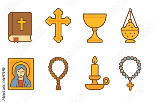 Colorful Religious Icons. Flat vector mini-illustrations Religious artifacts in colors children's illustrations: sacred book,
