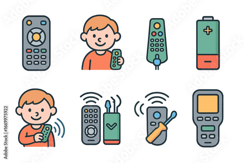Colorful Remote Icons. Flat vector mini-illustrations universal remotes in colors children's illustrations: universal remote