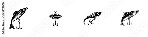 Fishing Lures and Hooks Assortment, minimalist monochrome icons