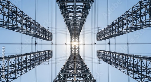 A symmetrical, detailed view of powerful metal powerline structures reaching towards a bright sky.