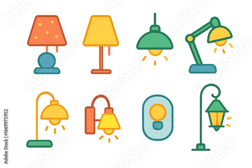 Colorful Room Lamps. Flat vector mini-illustrations lamps for rooms in colors children's illustrations: bedroom lamp, living room