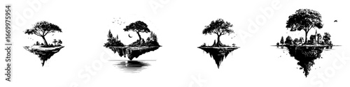 Surreal floating islands with trees and water reflections, minimalist monochrome icons