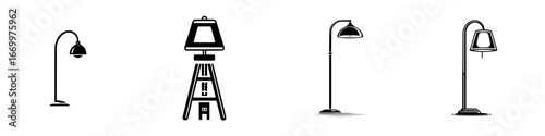 Stylized street lamps and outdoor lighting fixtures in black and white, minimalist monochrome icons