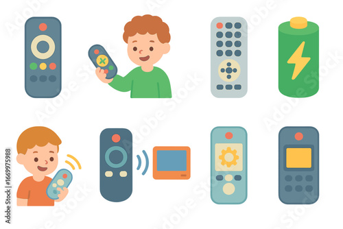 Colorful Remote Icons. Flat vector mini-illustrations universal remotes in colors children's illustrations: universal remote
