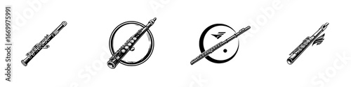 Stylized flute icons and emblems with musical notes and circles, minimalist monochrome icons