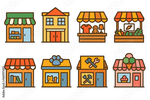 Colorful Shop Icons. Flat vector mini-illustrations shop types in colors children's illustrations: convenience store, department