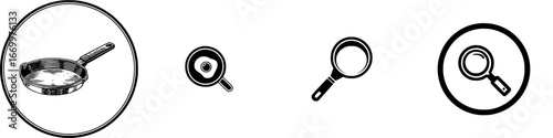 Frying pan and magnifying glass icons for cooking and search, minimalist monochrome icons