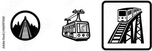 Funicular and cable car transportation symbols, minimalist monochrome icons