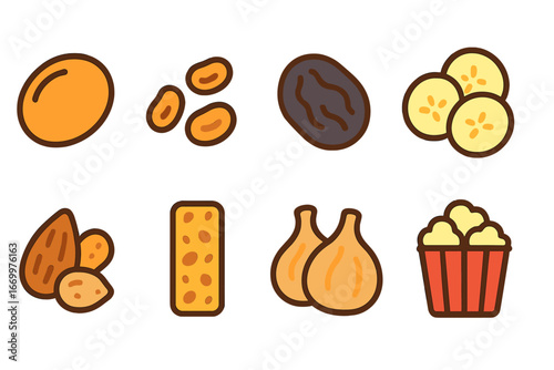 Colorful Snack Icons. Flat vector mini-illustrations dry fruits and snacks in colors children's illustrations: dried apricot,