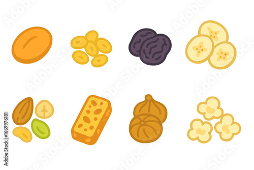 Colorful Snack Icons. Flat vector mini-illustrations dry fruits and snacks in colors children's illustrations: dried apricot,