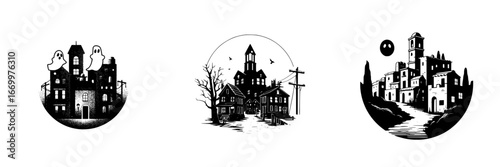 Haunted houses with ghosts and eerie landscapes in silhouette, minimalist monochrome icons