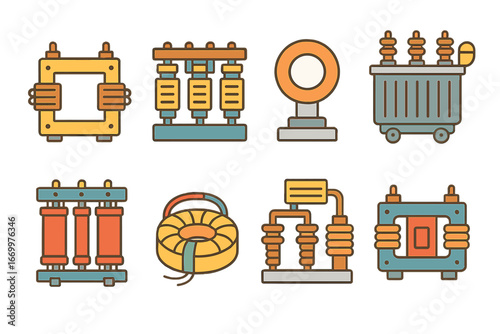 Colorful Transformer Icons. Flat vector mini-illustrations transformer types in colors children's illustrations: single-phase