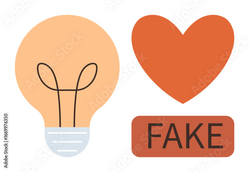 Lightbulb representing ideas, a heart symbolizing emotion, and Fake text questioning authenticity. Ideal for creativity, emotion, innovation, trust, authenticity, social commentary simple flat